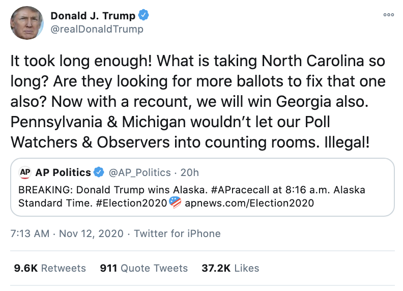 Screen-Shot-2020-11-12-at-7.35.33-AM Trump Throws Delirious Morning Tantrum After Seeing New Vote Count Corruption Crime Featured Politics Top Stories 