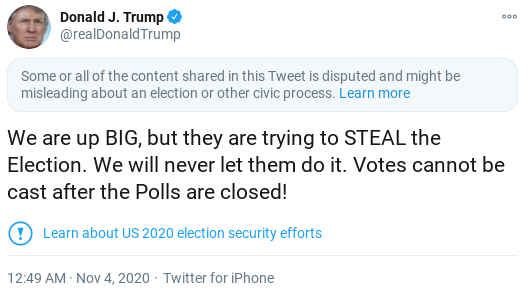 Screenshot-2020-11-04-at-11.03.03-AM Twitter Takes Abrupt Action Against Trump's Account Over Election Lies Donald Trump Election 2020 Politics Top Stories 