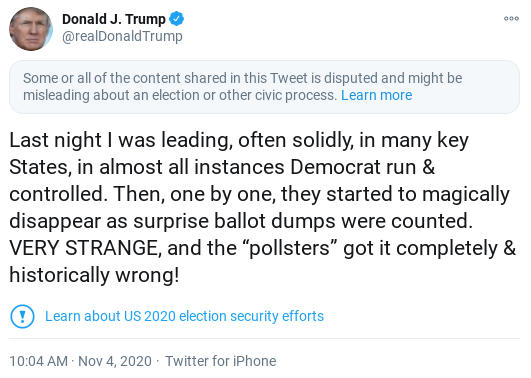 Screenshot-2020-11-04-at-11.16.56-AM Twitter Takes Abrupt Action Against Trump's Account Over Election Lies Donald Trump Election 2020 Politics Top Stories 