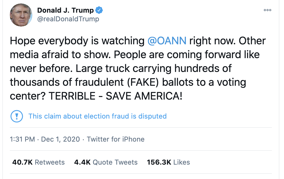 Screen-Shot-2020-12-01-at-7.19.48-PM Trump Announces 'Large Trucks Carrying Hundreds Of Thousands Fake Ballots' Corruption Crime Featured Politics Top Stories 