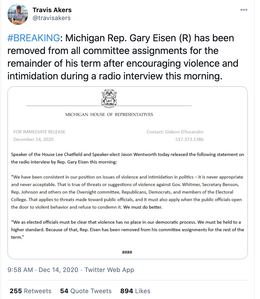 Screen-Shot-2020-12-14-at-10.35.00-AM Michigan GOP Representative Stripped Of Rank Over Violence Threats Corruption Crime Featured Politics Top Stories 