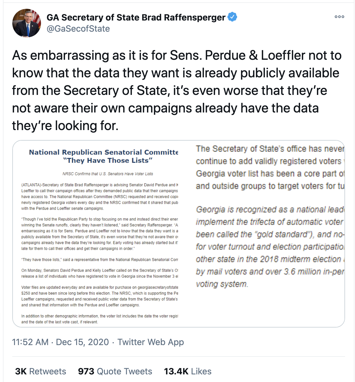 Screen-Shot-2020-12-15-at-3.06.53-PM GOP GA Secretary Of State Publicly Shames Loeffler & Perdue Corruption Domestic Policy Featured Politics Top Stories 