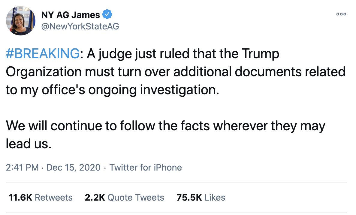 Screen-Shot-2020-12-15-at-7.05.22-PM NY AG James Horrifies Trump Family With Tuesday Investigation Tweet Corruption Crime Featured Politics Top Stories 