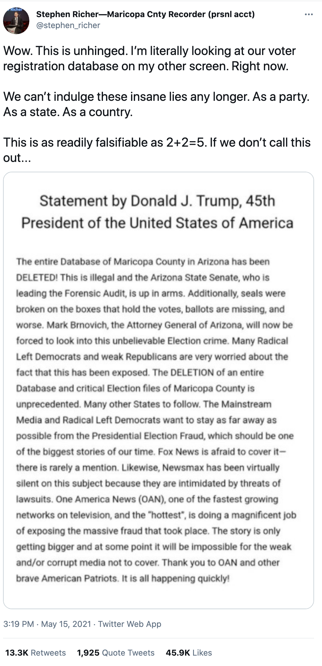 Screen-Shot-2021-05-16-at-8.21.43-AM AZ Election Audit In Shambles After Official Declares Trump Unhinged Donald Trump Election 2020 Featured Politics Top Stories 