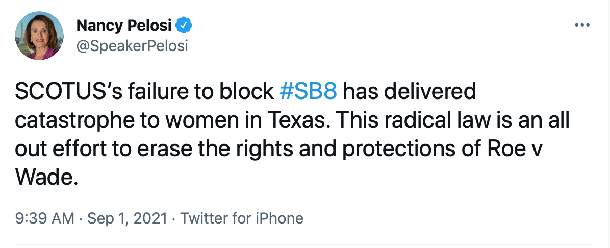Screen-Shot-2021-09-01-at-10.14.22-AM Pelosi Promises Big Fight To Stop Texas Abortion Ban Abortion Featured Feminism Politics Top Stories Twitter 