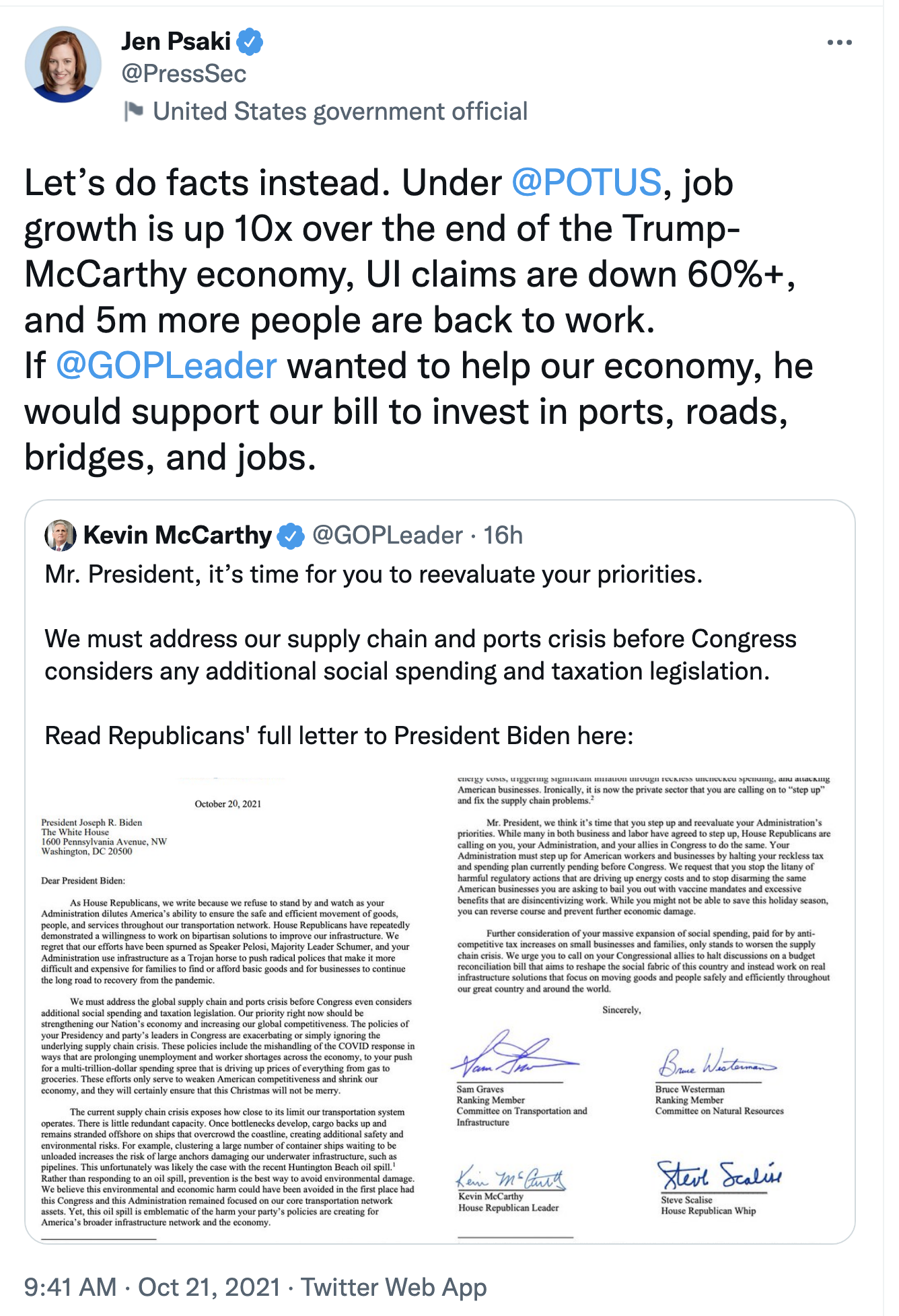 Screen-Shot-2021-10-21-at-10.20.07-AM-1 Jen Psaki Rolls Directly Over Kevin McCarthy; 'Let's Do Facts Instead' Domestic Policy Donald Trump Featured Politics Top Stories 