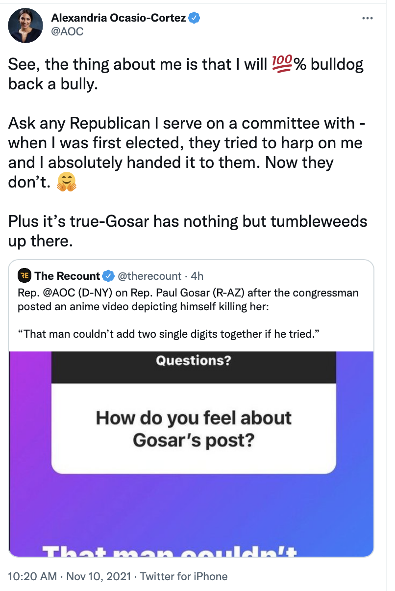 Screen-Shot-2021-11-10-at-11.51.18-AM AOC Refuses To Be Intimidated By Paul Gosar In Wednesday Rebuttal Corruption Crime Featured Politics Top Stories 