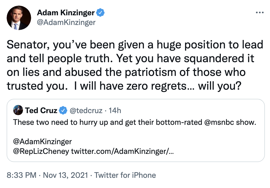 Screen-Shot-2021-11-14-at-9.17.15-AM Adam Kinzinger Embarrasses Ted Cruz In Weekend Twitter Battle Corruption Crime Featured Politics Top Stories 