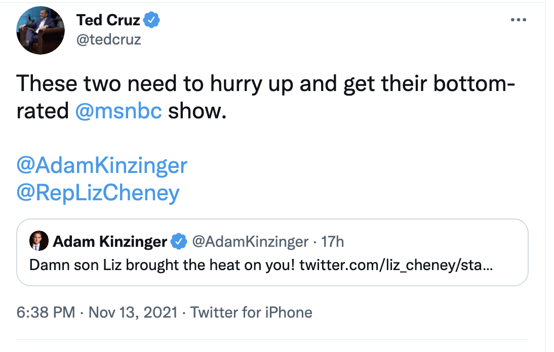 Screen-Shot-2021-11-14-at-9.18.08-AM Adam Kinzinger Embarrasses Ted Cruz In Weekend Twitter Battle Corruption Crime Featured Politics Top Stories 