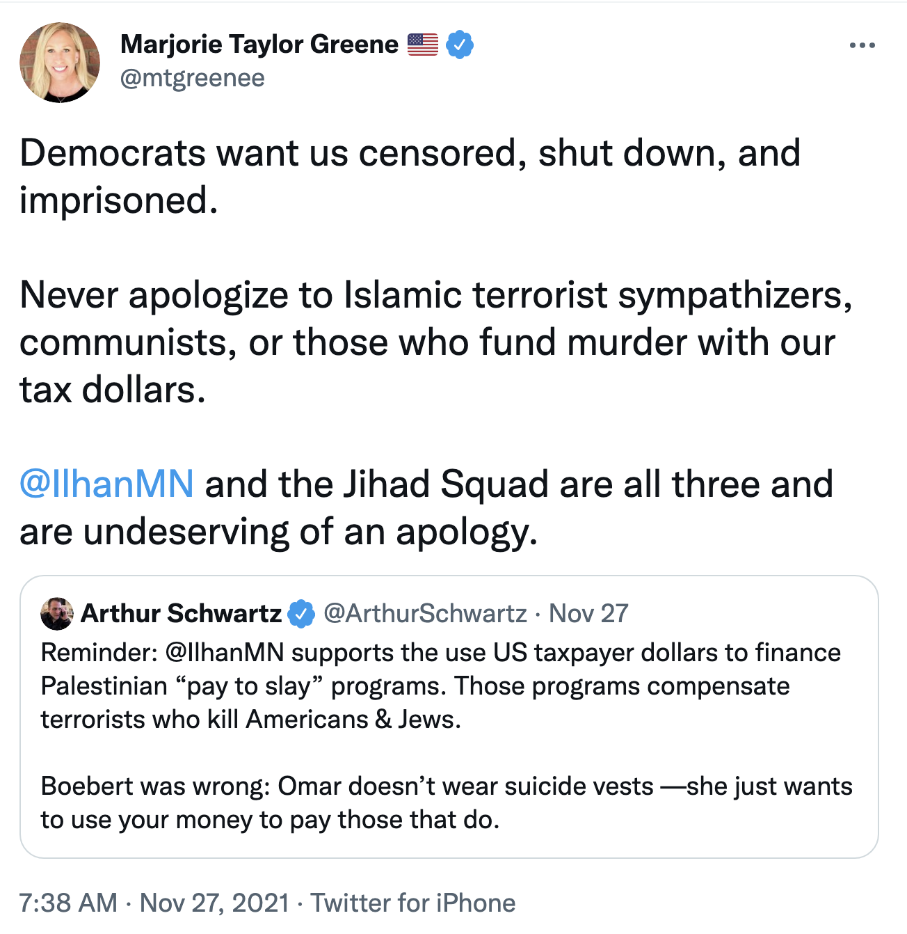 Screen-Shot-2021-11-28-at-9.33.20-AM Marjorie Greene Freaks Out On Lauren Boebert For Apologizing To Omar Corruption Featured Hate Speech Politics Top Stories 