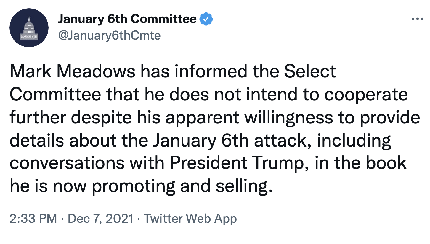 Screen-Shot-2021-12-07-at-3.03.36-PM Jan. 6 Committee Tweets Threat Of Criminal Prosecution To Trump Allies Corruption Donald Trump Featured Politics Top Stories 