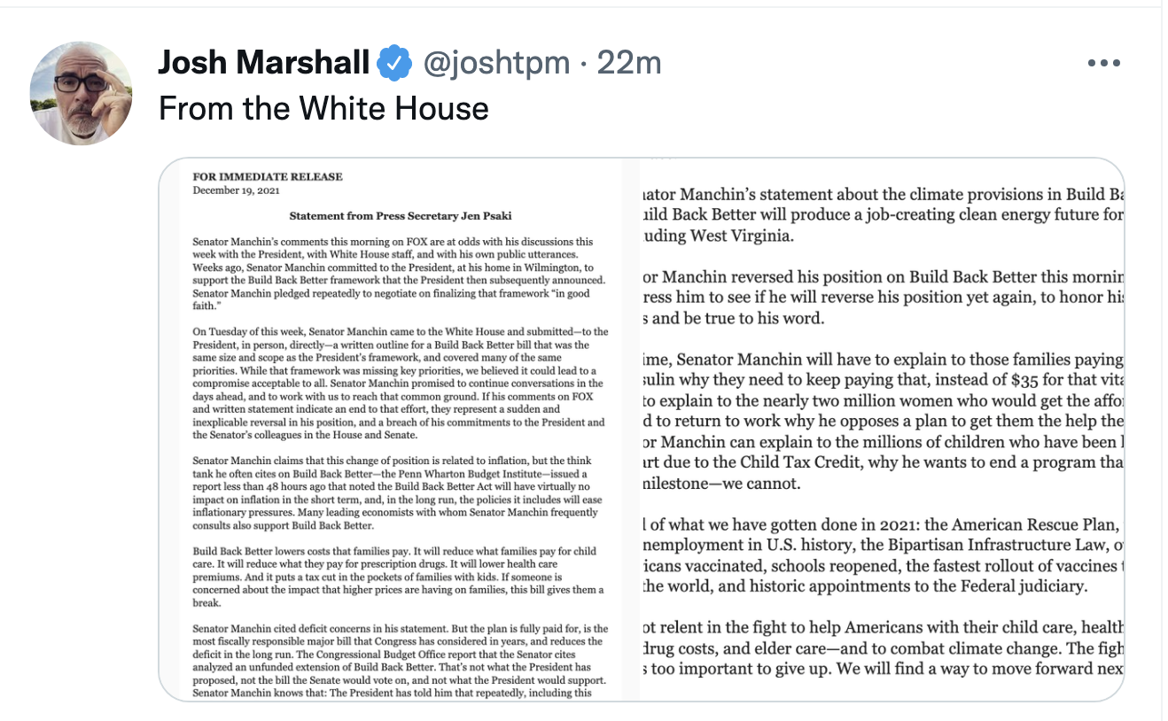 Screen-Shot-2021-12-19-at-11.28.49-AM White House Roasts Joe Manchin For Betraying America Domestic Policy Economy Featured Politics Top Stories 
