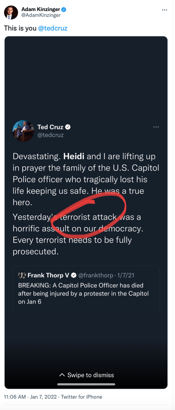 Screen-Shot-2022-01-07-at-1.36.25-PM Kinzinger Trolls Ted Cruz For Pathetic Grovel To Tucker Carlson Crime Donald Trump Featured Politics Top Stories Twitter 