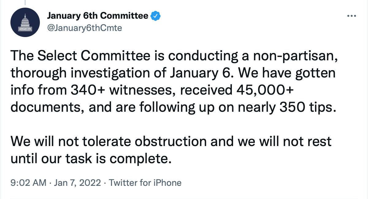Screen-Shot-2022-01-07-at-10.49.32-AM Jan 6 Committee Reveals 340+ Witnesses In Summary Of Investigation Evidence Corruption Crime Donald Trump Featured Politics Top Stories Twitter 