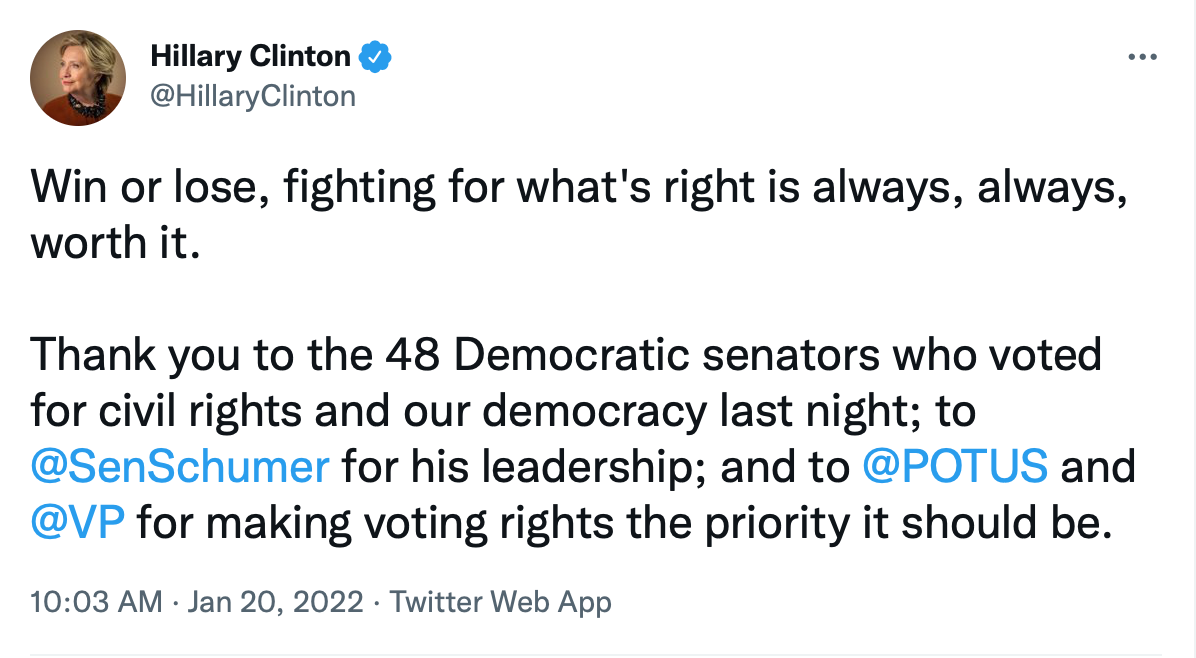 Screen-Shot-2022-01-20-at-2.34.22-PM Hillary Clinton Asks Democrats To Keep Fighting For Voting Rights Civil Rights Featured Politics Top Stories Twitter 