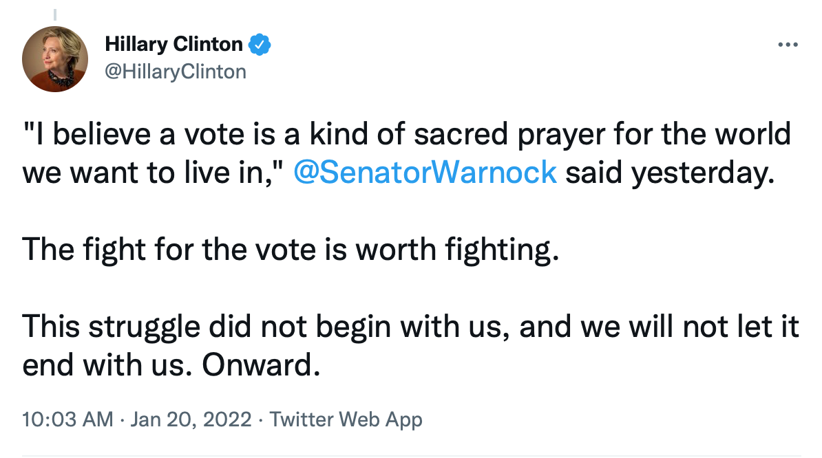 Screen-Shot-2022-01-20-at-2.35.39-PM Hillary Clinton Asks Democrats To Keep Fighting For Voting Rights Civil Rights Featured Politics Top Stories Twitter 