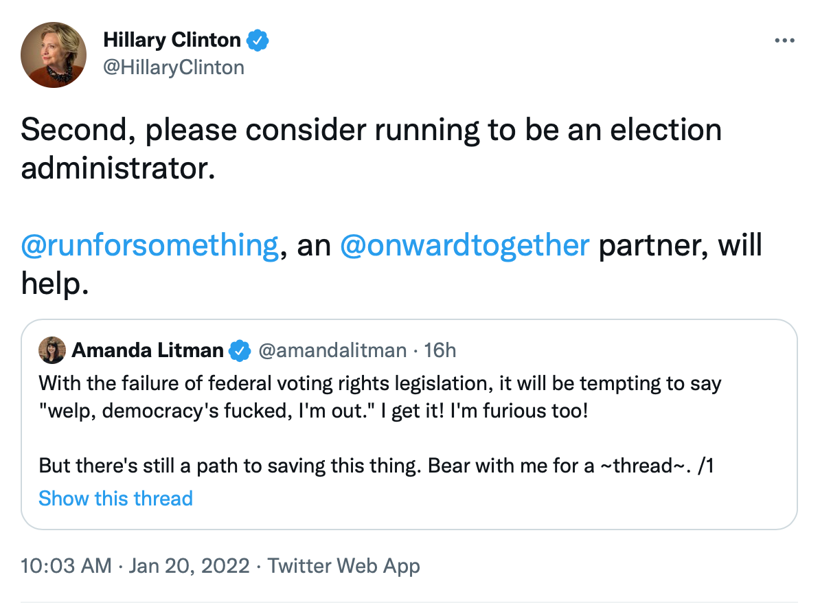 second Hillary Clinton Asks Democrats To Keep Fighting For Voting Rights Civil Rights Featured Politics Top Stories Twitter 