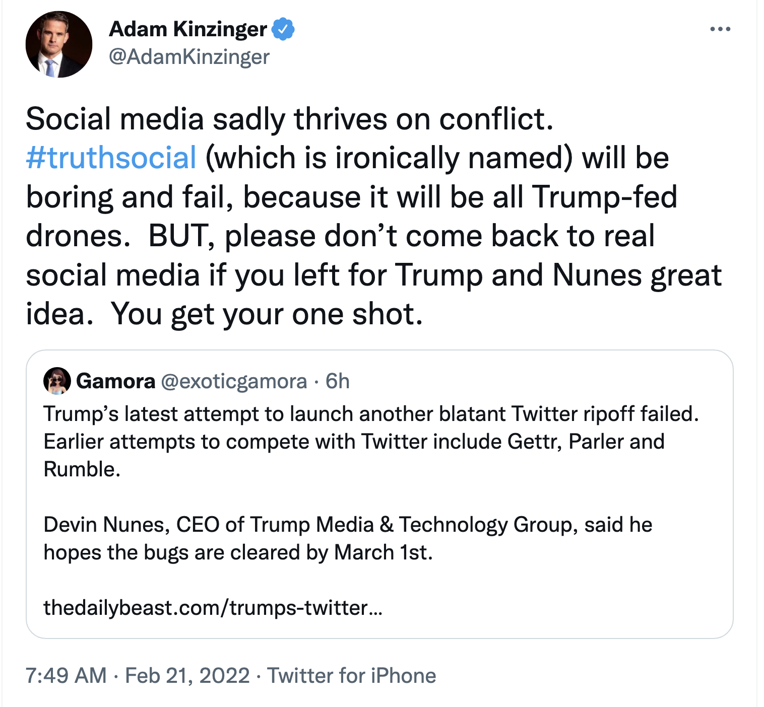 Screen-Shot-2022-02-21-at-12.47.32-PM Adam Kinzinger Trolls Trump's 'Truth Social' For It's Inevitable Failure Donald Trump Featured Politics Social Media Top Stories 