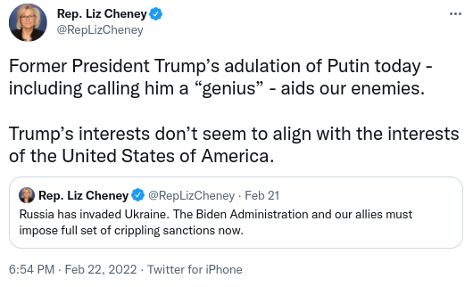 Screenshot-2022-02-23-10.32.43-AM Liz Cheney Goes After Trump For Choosing Putin Over Democracy Corruption Donald Trump Foreign Policy Military Politics Social Media Top Stories 
