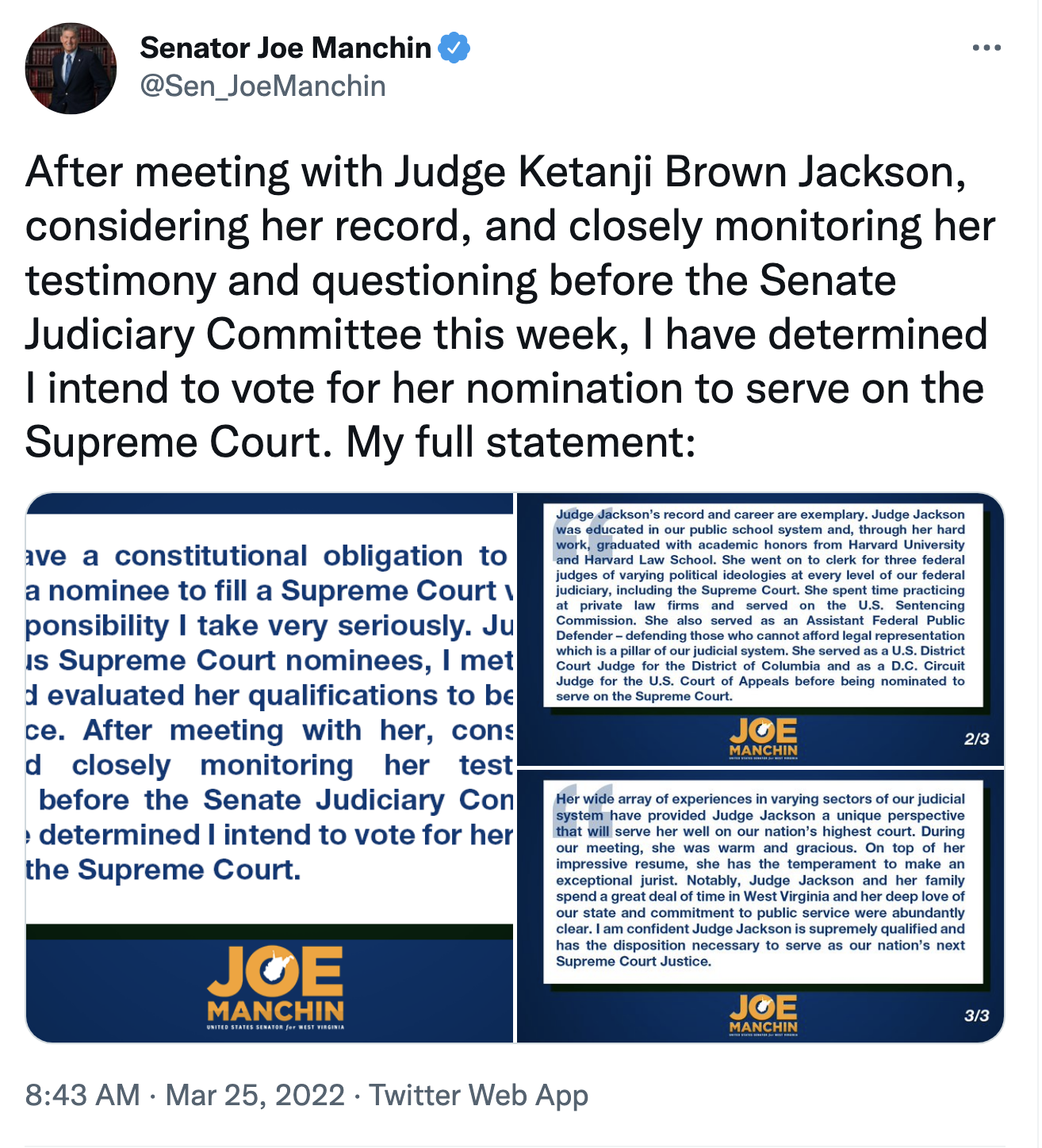 Screen-Shot-2022-03-25-at-9.38.05-AM Joe Manchin Heaps Public Praise On Ketanji Brown Jackson Featured Politics Supreme Court Top Stories White Supremacy 