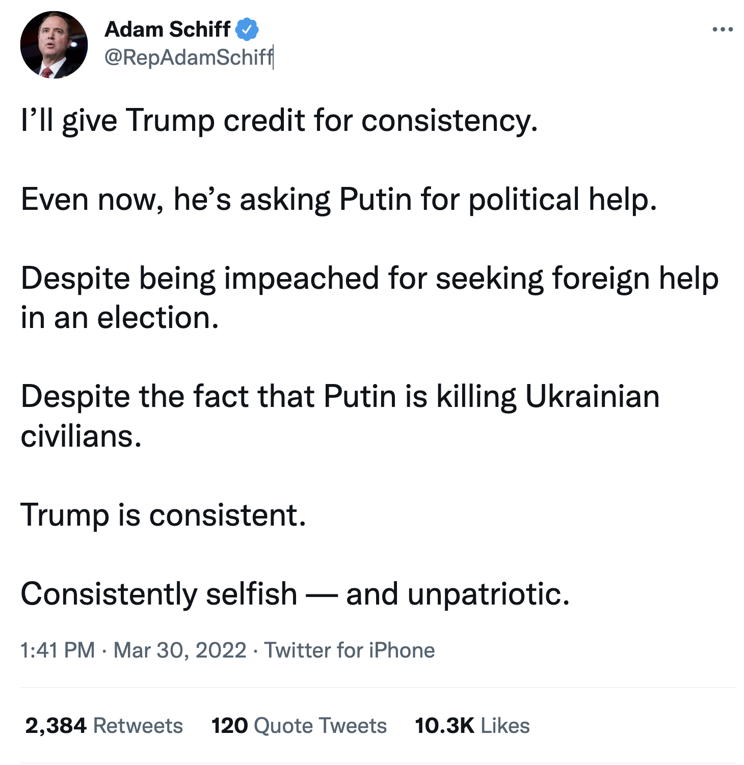 Screen-Shot-2022-03-30-at-2.57.19-PM Schiff Hits 'Selfish & Unpatriotic' Trump After Request From Putin Crime Donald Trump Featured Politics Top Stories 
