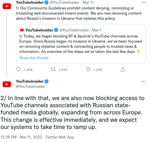 Screenshot-2022-03-12-2.10.57-PM YouTube Blocks Russian Gov't Media Channels Around The World Media Politics Social Media Top Stories 