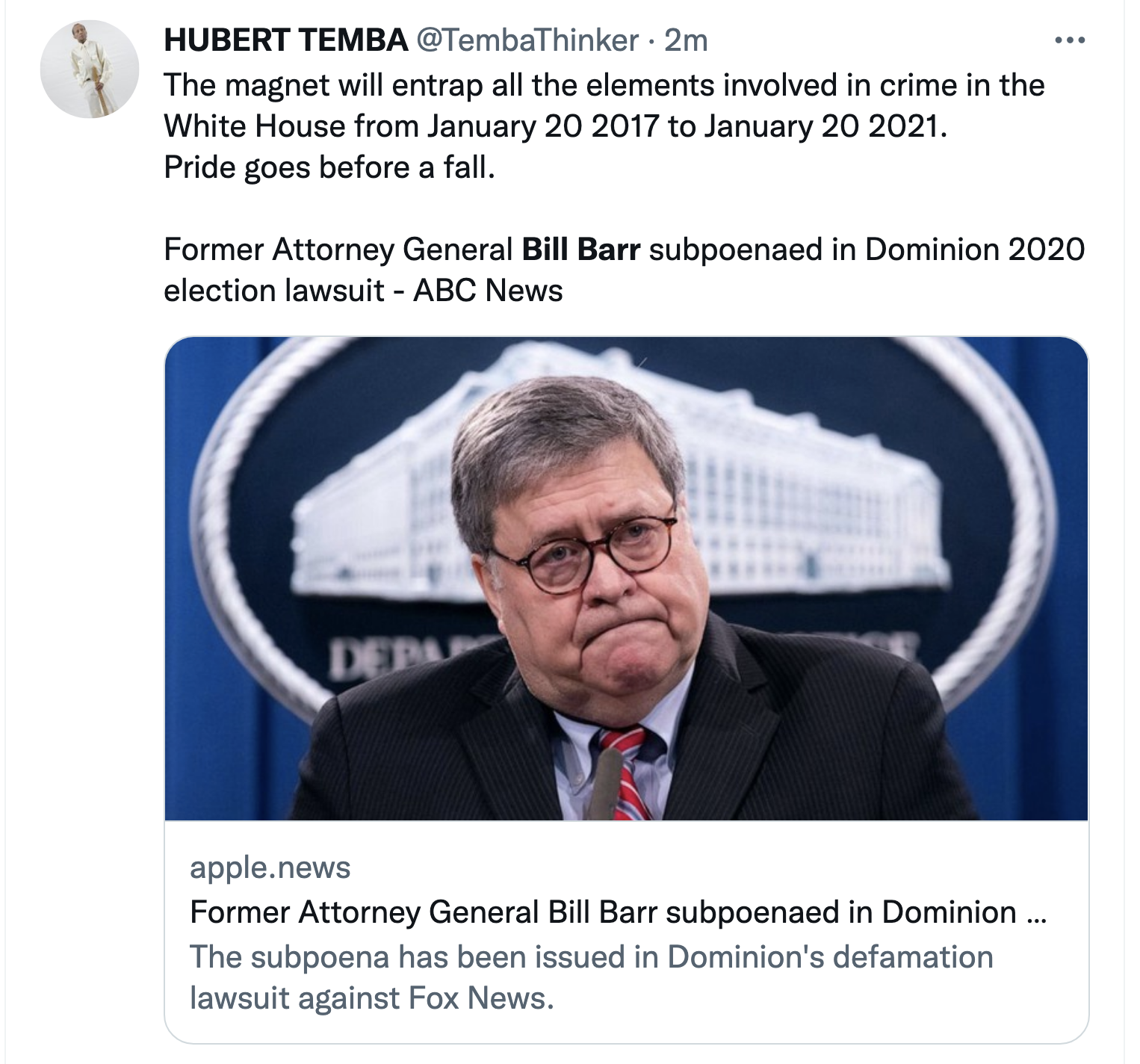 Screen-Shot-2022-07-11-at-1.07.45-PM Bill Barr Slapped With Subpoena In $1.6B Defamation Suit Crime Donald Trump Featured Politics Top Stories 