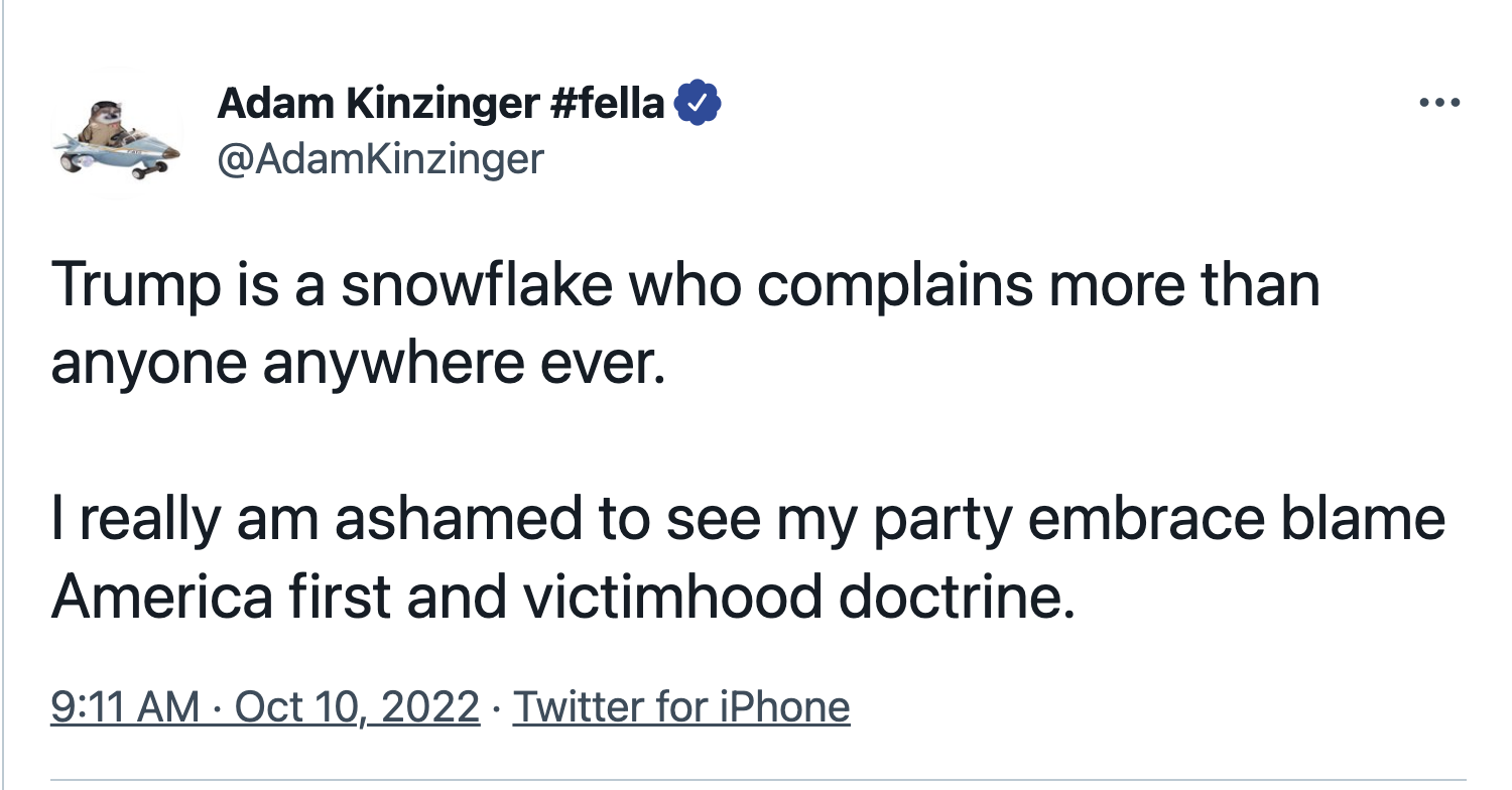 Screen-Shot-2022-10-10-at-10.39.09-AM Adam Kinzinger Hits Trump The 'Snowflake' For Betraying Democracy Domestic Policy Donald Trump Featured Politics Top Stories 