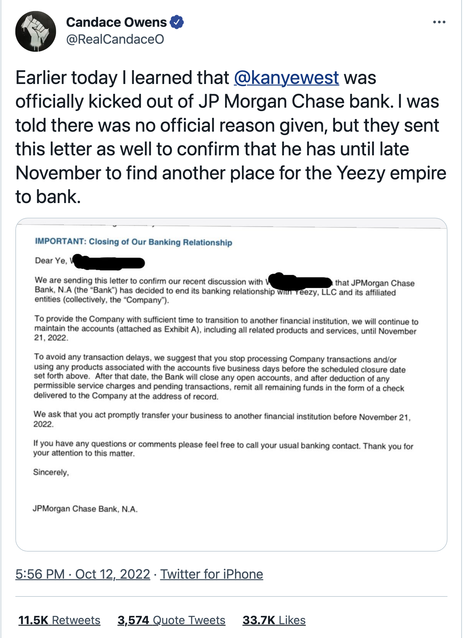 Screen-Shot-2022-10-13-at-10.35.11-AM JPMorgan Chase Bank Terminates Relationship With Kanye West According To Report Celebrities Corruption Featured Politics Top Stories 