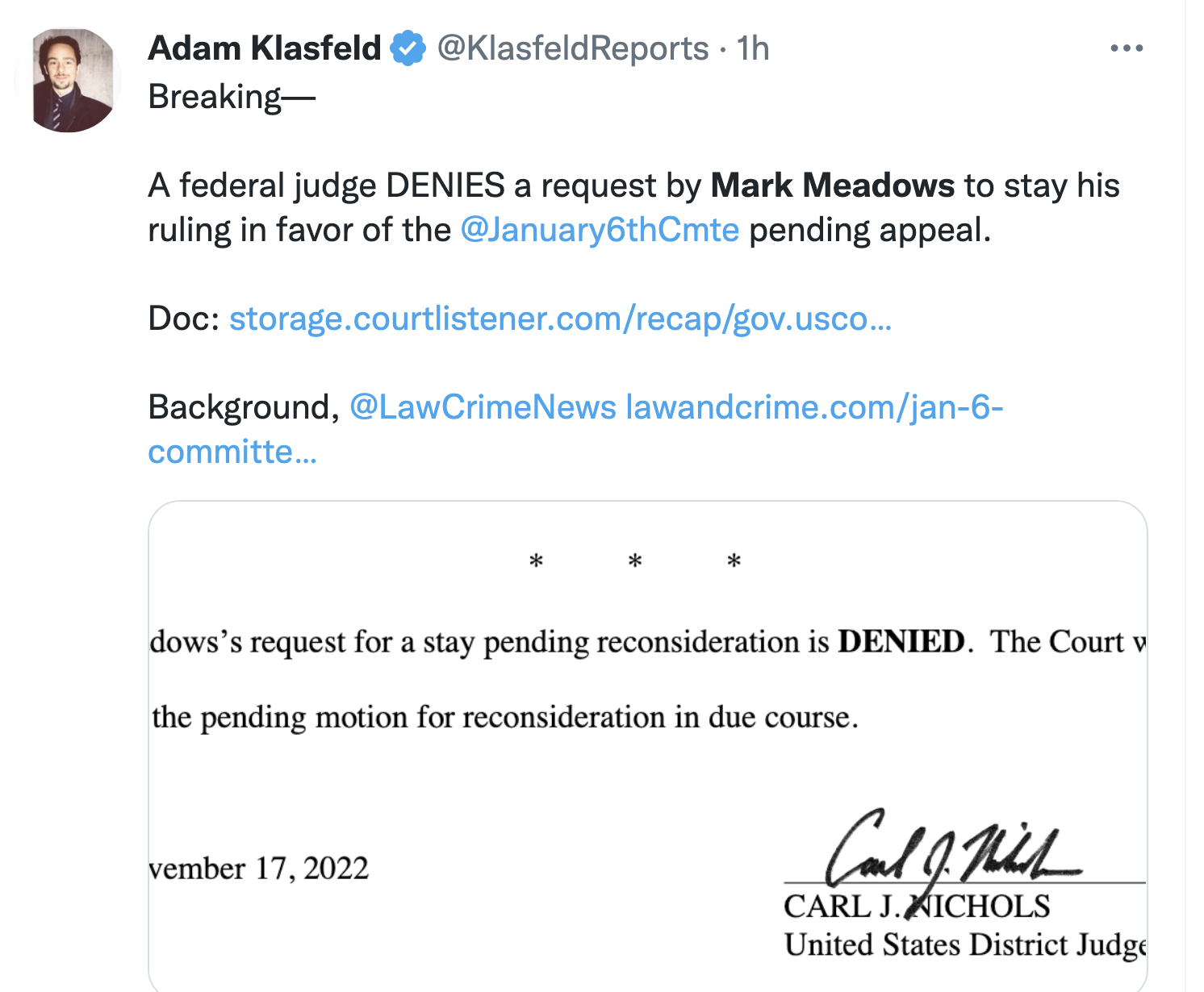 Screen-Shot-2022-11-17-at-4.35.25-PM Judge Forces Mark Meadows To Obey Jan. 6 Subpoena Corruption Crime Featured Politics Top Stories 