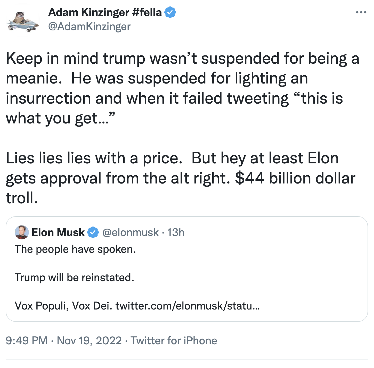 Screen-Shot-2022-11-20-at-8.52.12-AM Kinzinger Rips '$44 Billion Troll' Elon Musk For Trump Reinstatement Donald Trump Featured Politics Social Media Top Stories 