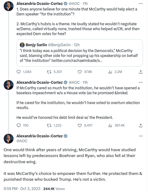 Screenshot-2023-10-04-8.43.16-AM Ocasio-Cortez Shuts Up Kevin McCarthy’s Whining That Democrats Didn’t Save His Job Politics Social Media Top Stories 